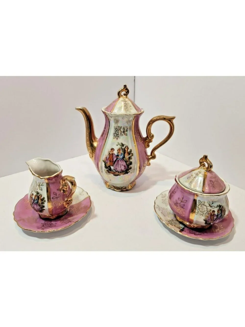 Vtg Lusterware Courting Couple Demitasse Tea Set Teapot Sugar Bowl Creamer 2 Cup